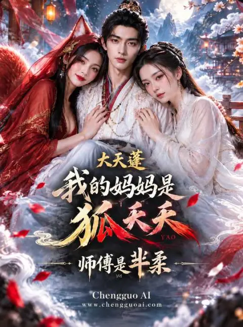 古装奇幻题材短剧海报，红衣与白衣人物同框